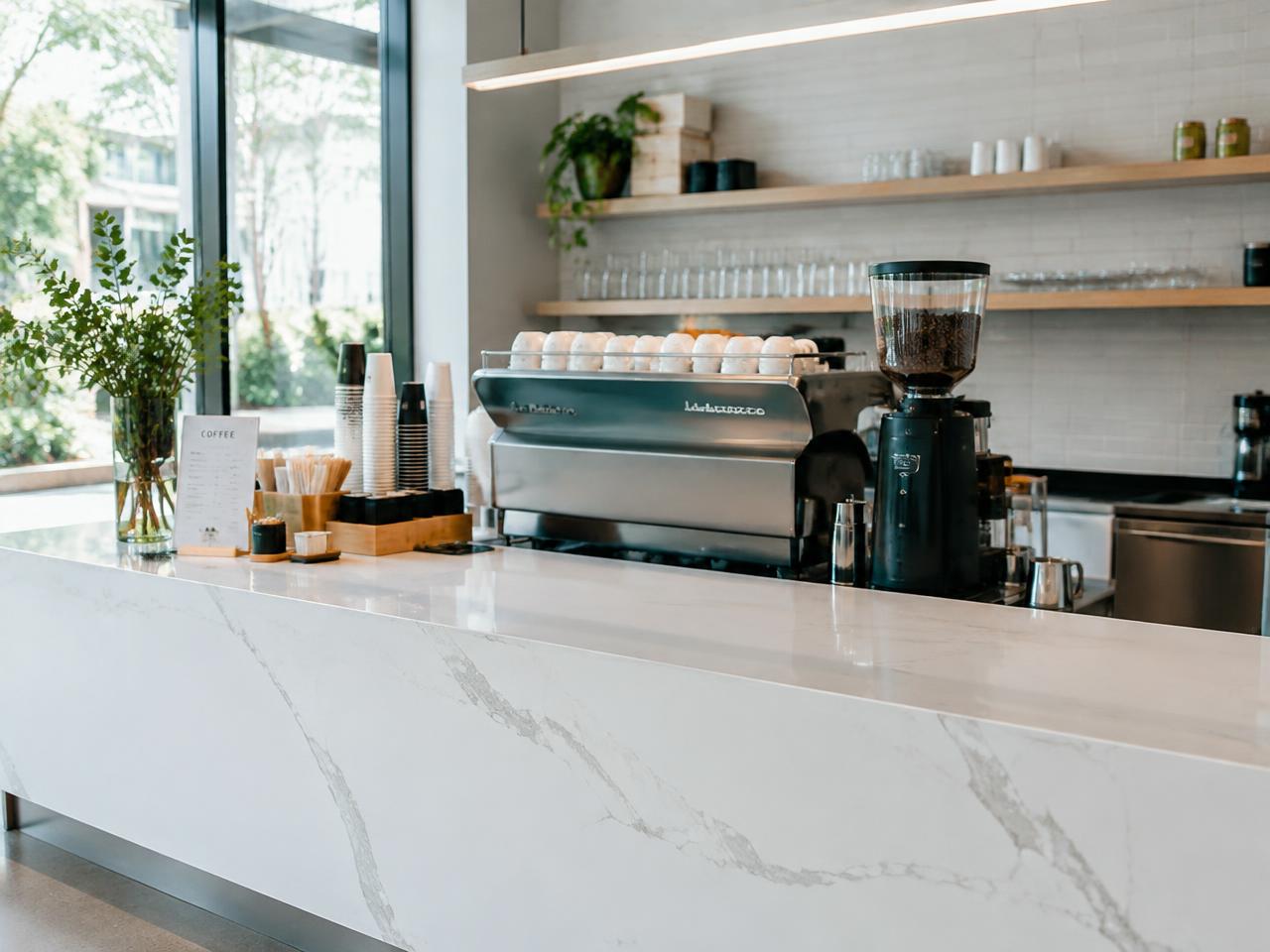 Commercial coffee bar with a long quartz counter
