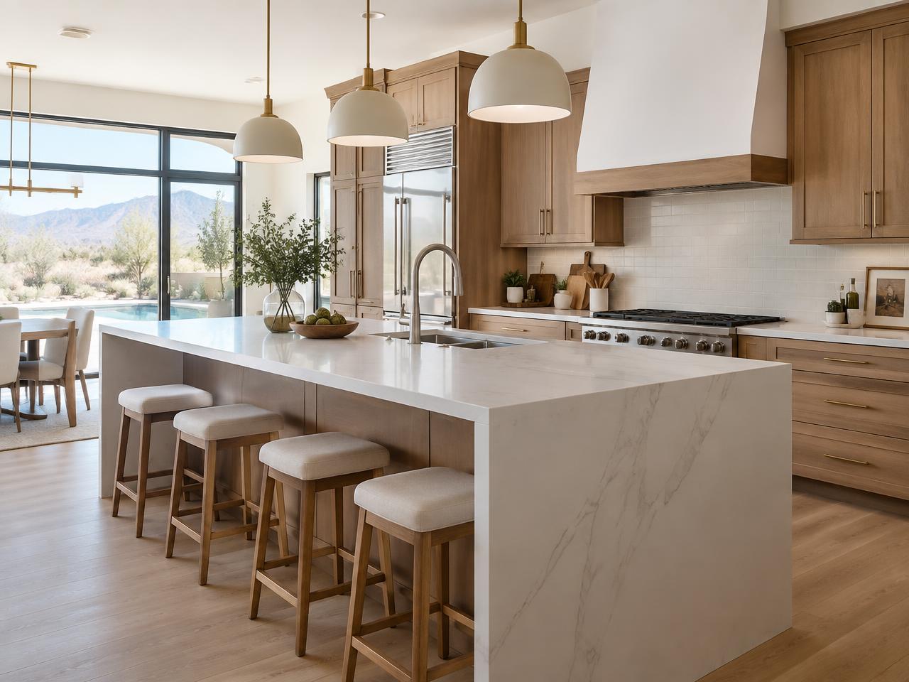 Open-plan kitchen with a long quartz island