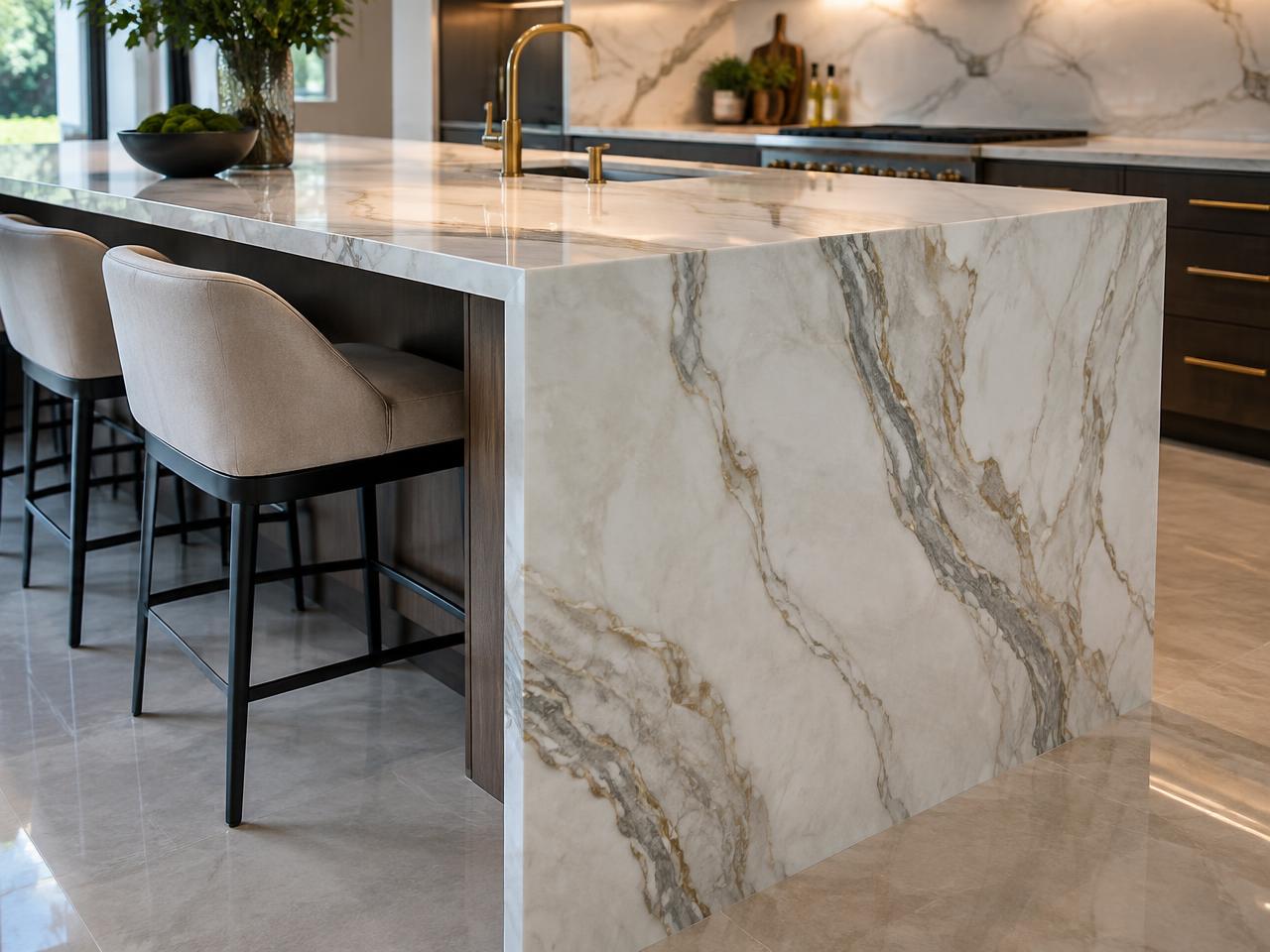 Quartz waterfall edge detail on a kitchen island