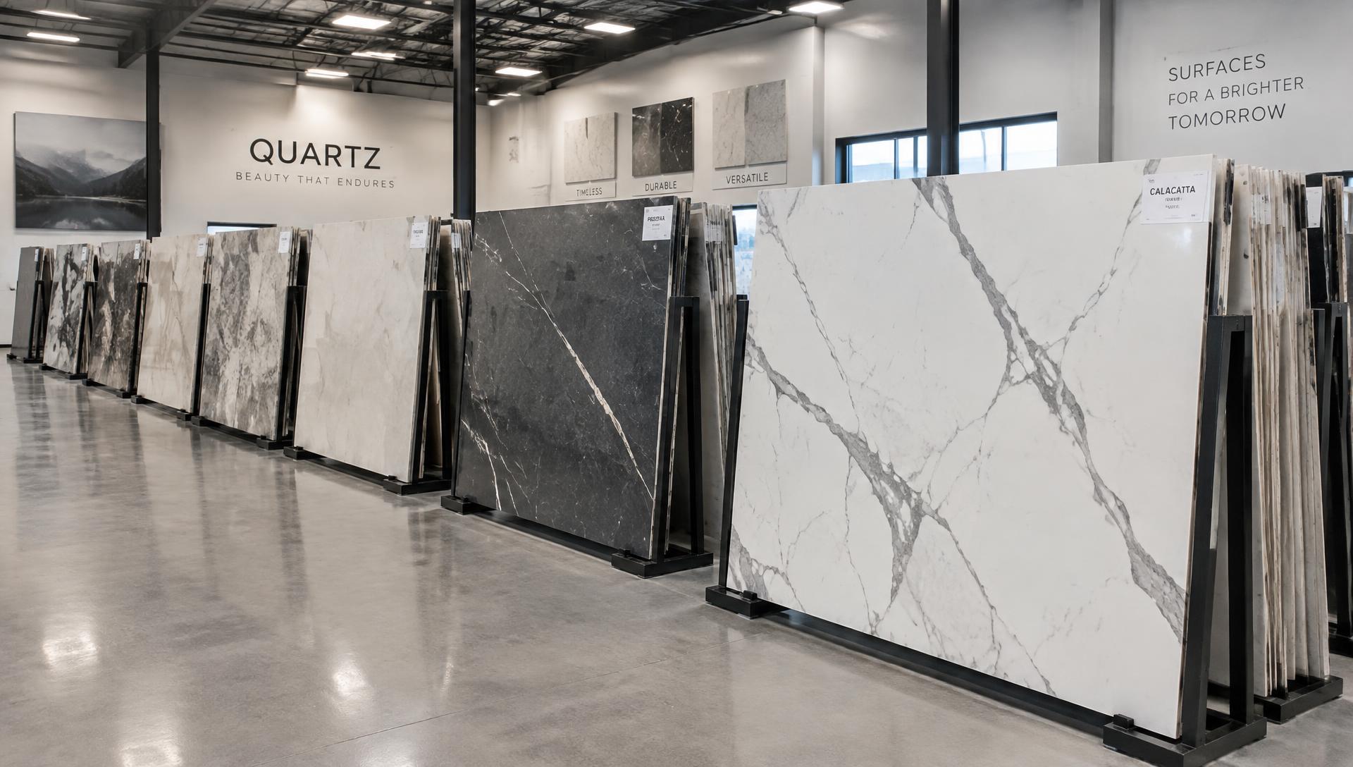 Quartz slabs standing in racks at a stone warehouse