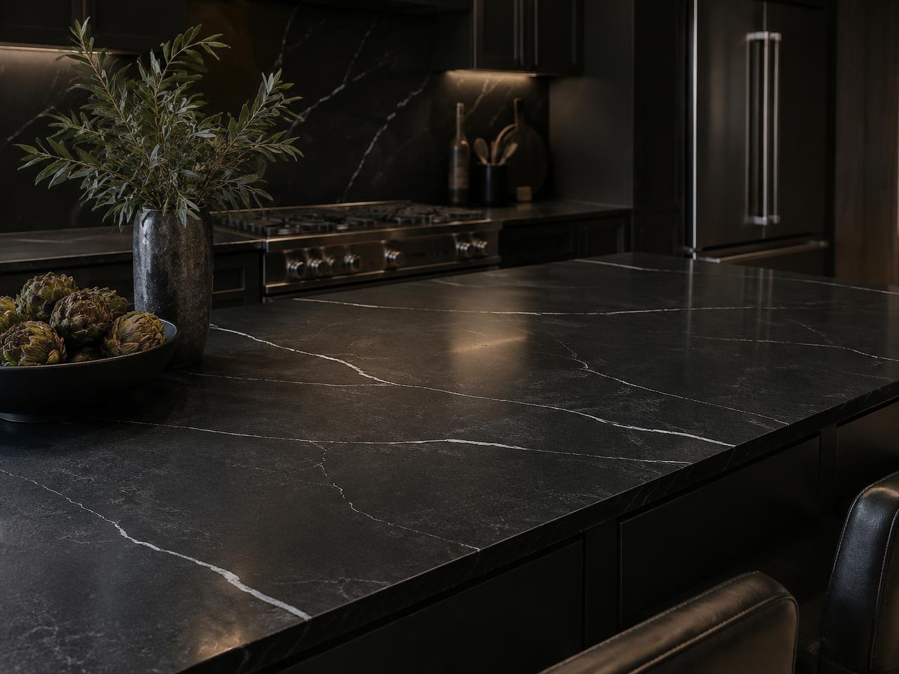 Dark quartz countertop with fine white veining