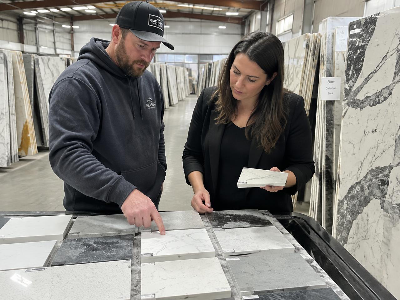 A contractor and a designer comparing quartz samples in a stone warehouse